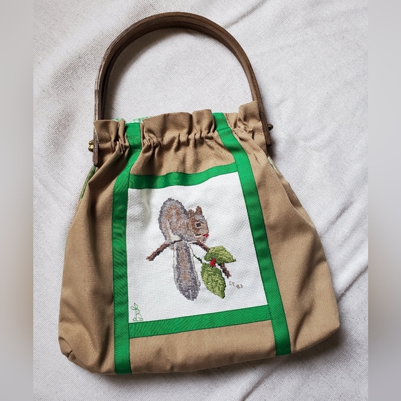 Vintage Handbags - Vintage Homemade Embroidered Squirrel Handbag with Wooden Handles